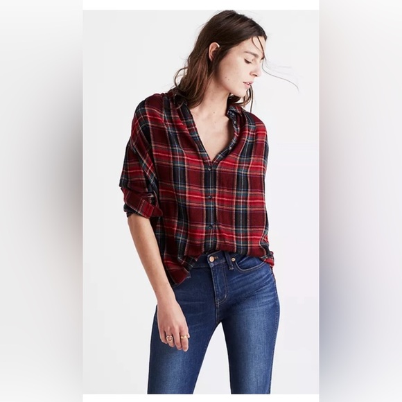 Madewell Central Long Sleeve Tartan Plaid Shirt Wool Blend Red Christmas Sz L - Picture 1 of 9